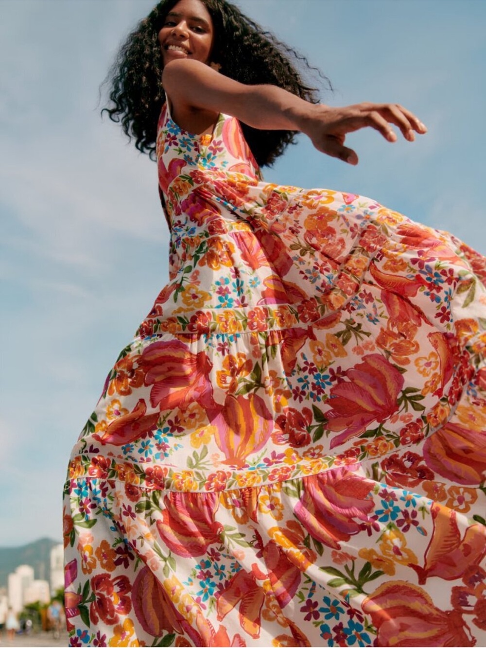 NWOT Sezane❤️Farm Rio Alamedee Pink and Orange Floral Tiered Maxi Dress